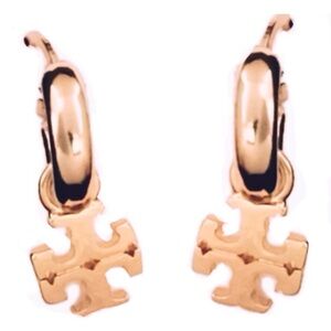 TORY BURCH ROSE GOLD KIRA LOGO HUGGIE HOOP EARRINGS